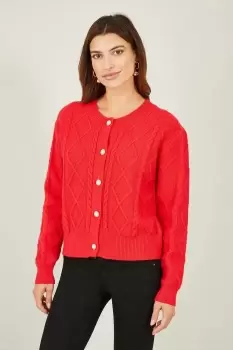 Image of Red Cable Knit Cardigan With Pearl Buttons