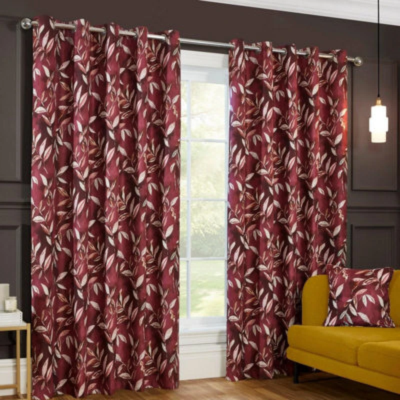 Image of Sundour Madrid Blackout Ready Made Leaves Eyelet Curtains Wine 46X72"