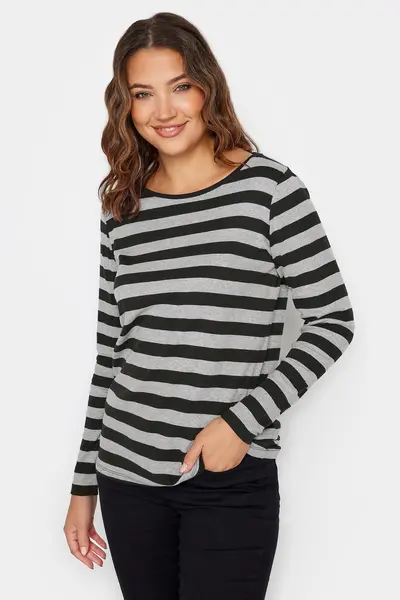 Image of Long Tall Sally Tall Long Sleeve Striped Cotton T-Shirt Grey