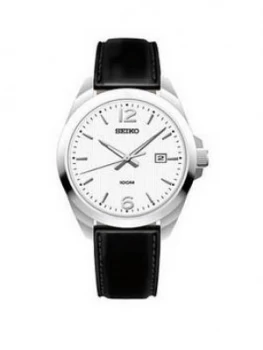 Image of Seiko Seiko Silver Date Dial Black Leather Strap Mens Watch