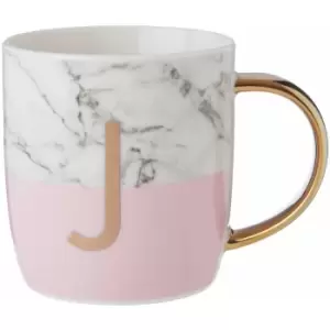 Image of Pastel Pink J Letter Monogram Mug Large Coffee / Tea Mug Stylish Marble Pattern With Golden Handle 9 x 9 x 12 - Premier Housewares