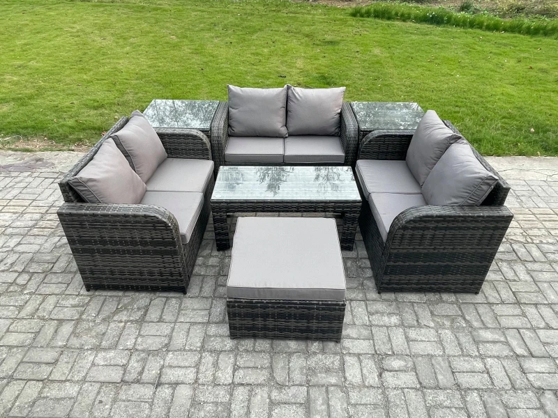 Image of Fimous 7 Seater Rattan Garden Furniture Set Indoor Outdoor Patio Sofa Set with Coffee Table Love seat Sofa 2 Side Tables Big Footstool Dark Grey Mixed