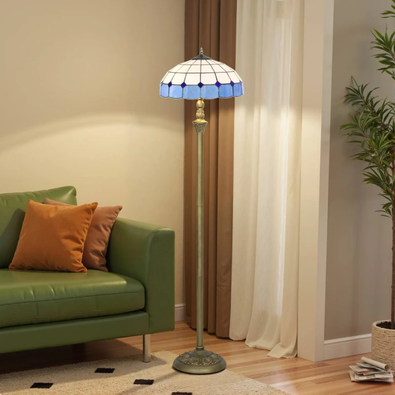 Image of HOMCOM Lamp with Handcrafted Stained Glass Shade, Vintage Standing Lamp in Blue Blue Unisex