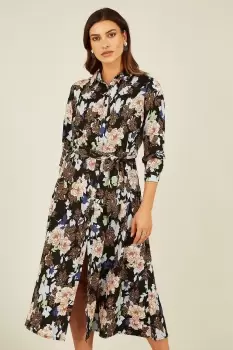 Image of Black Floral and Animal Print Long Sleeve Midi Shirt Dress