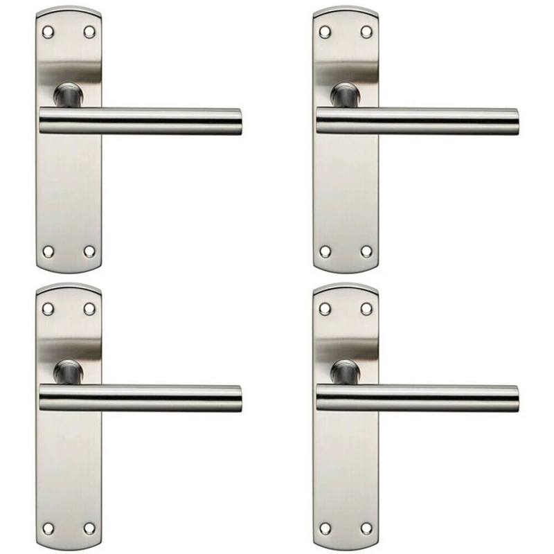Image of Loops 4x Mitred T Bar Lever Door Handle on Latch Backplate 172 x 44mm Satin Steel Metallics