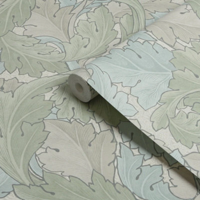 Image of William Morris Gallery Collection Sage & Duck Egg Acanthus Smooth Wallpaper