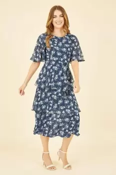 Image of Navy Floral Frill Layer Midi Dress
