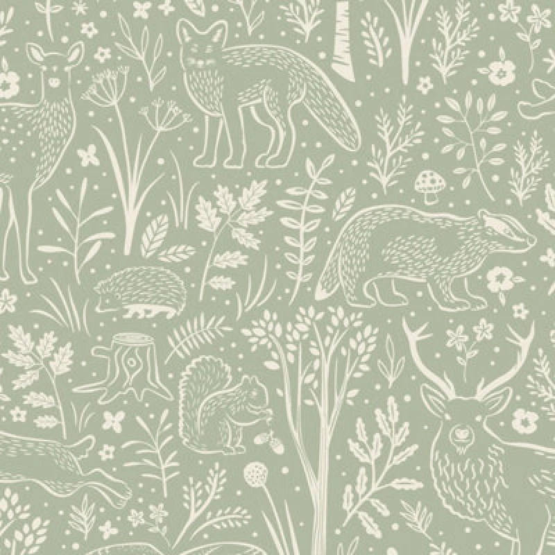 Image of Grandeco Native Woodland Animals Nursery Textured Wallpaper, Sage Green