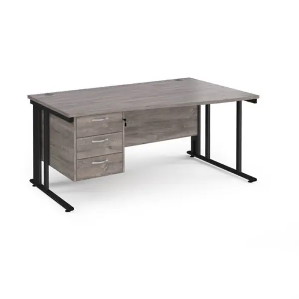 Image of Maestro 25 right hand wave desk 1600mm wide with 3 drawer pedestal - Black cable managed leg frame, grey oak top