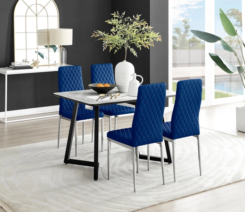 Image of FurnitureboxUK FurnitureboxUK Carson White Marble Effect Dining Table & 4 Velvet Milan Chairs in Navy Navy One Size Unisex 5056657144937