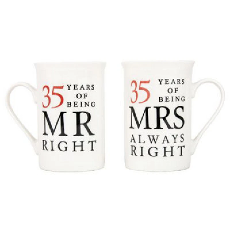 Image of Happy Homewares Ivory White 35Th Anniversary Mr Right & Mrs Always Right Ceramic Mug Gift Set