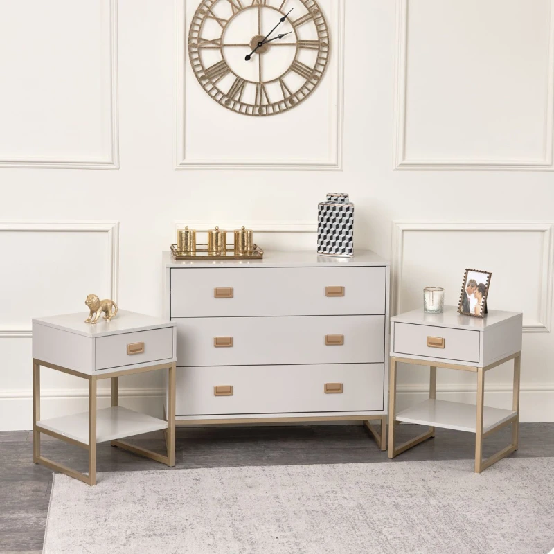Image of Melody Maison Large 3 Drawer Chest Of Drawers And Pair Of Bedside Tables - Elle Stone Range Light Grey