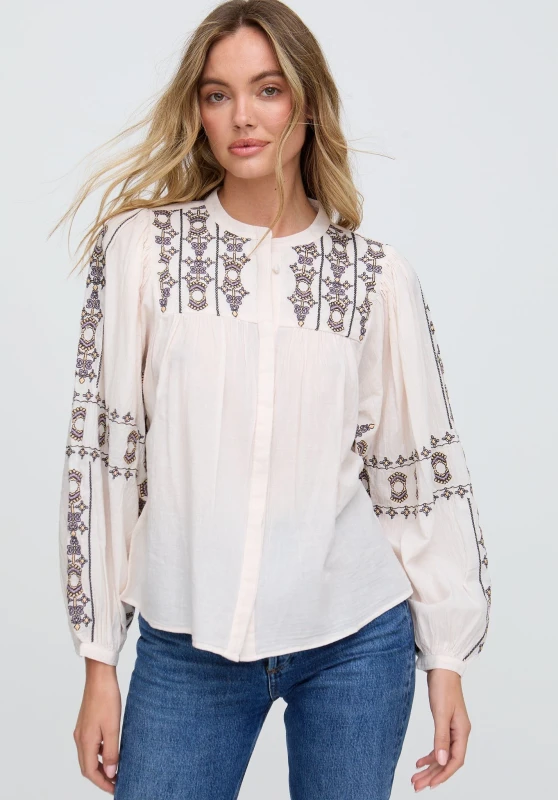 Image of Raffya Womens Demi Embroidered Ballon Sleeve Shirt In Cream in Grey Size: 14 Grey Female 14