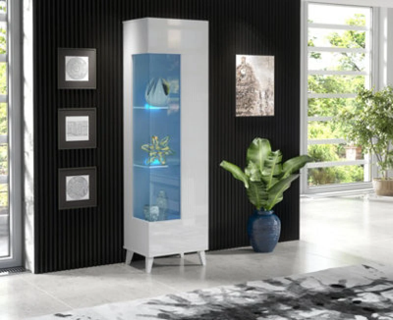 Image of Furneo High Gloss & Matt White Display Cabinet Storage Cupboard Azzurro 12 Blue LED Lights