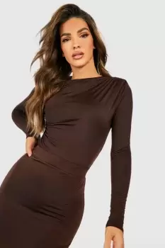 Image of Slinky Jersey Drape Front Shoulder Pad Bodysuit