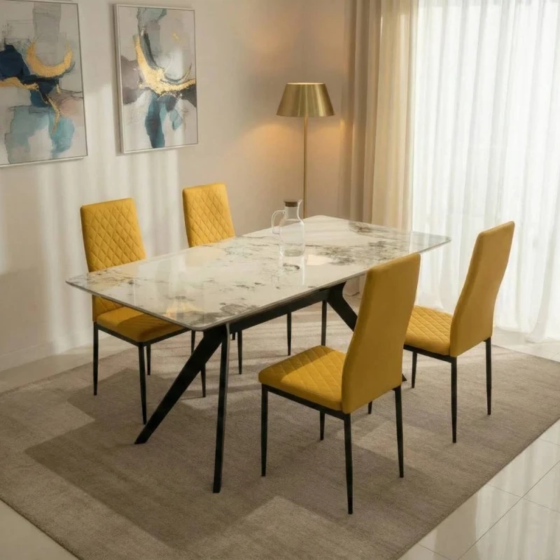 Image of Outdoor Living San Diego Marble Top Dining Table with Emily Leather Chairs - Mustard Mustard Unisex