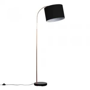 Image of Curva Copper And Black Floor Lamp With Large Black Rolla Shade