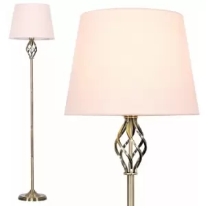 Image of Barley Twist Floor Lamp in Antique Brass with Tapered Shade - Pink