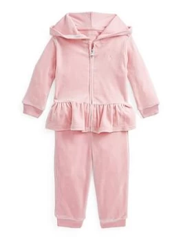 Image of Ralph Lauren Baby Girl Zip Up Hoodie & Jog Pant Set - Pink, Size 24 Months