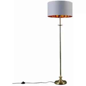 Image of MiniSun Antique Brass Floor Lamp with Fabric Lampshade - Grey & Gold