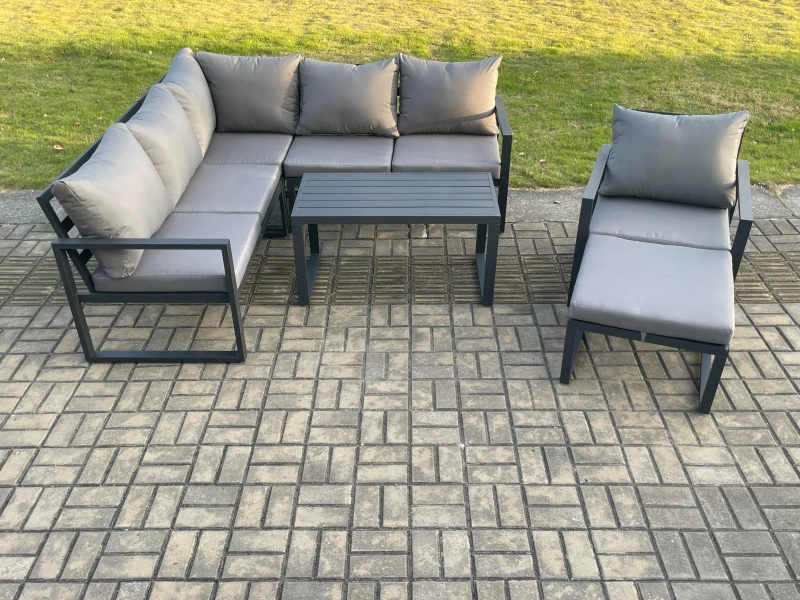 Image of Fimous Aluminium Outdoor Garden Furniture Set Lounge Sofa Oblong Coffee Table Sets with Chair Big Footstool Indoor Conservatory Set Dark Grey Dark Gre
