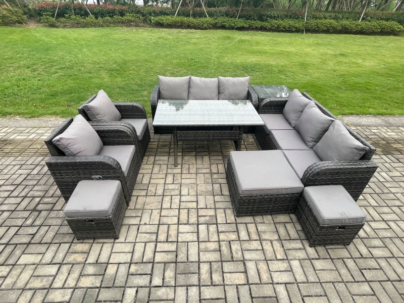 Image of Fimous Outdoor Garden Patio Furniture Wicker Rattan Oblong Rectangular Dining Table & Lounge Sofa set with Adjustable Chair Side Table in Dark Grey Da