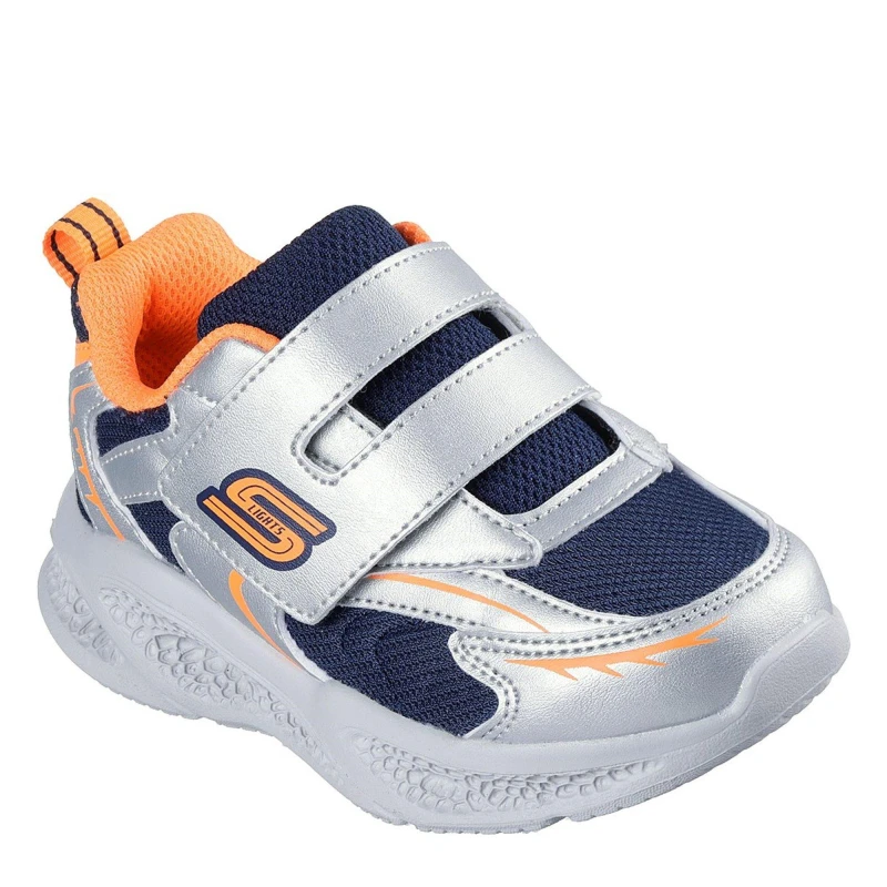 Image of Skechers Kids Meteor Lights Leather Light Up Trainers Silver/Orange male C6 (22.5)