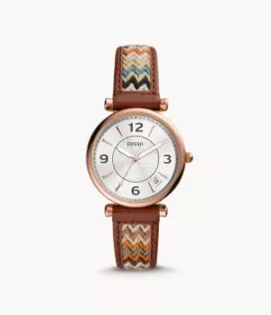 Image of Fossil Women Carlie Three-Hand Date Brown Leather Watch