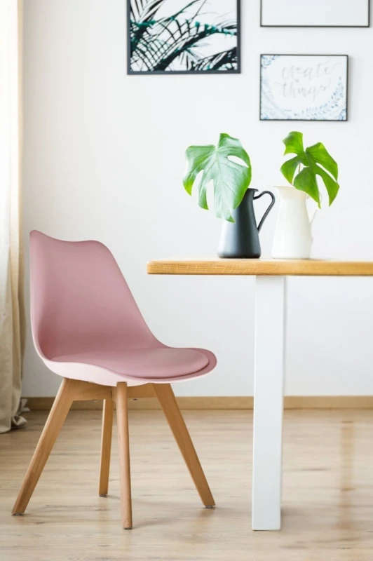 Image of Fusion Living Soho Plastic Dining Chair with Squared Light Wood Legs Dusty Pink