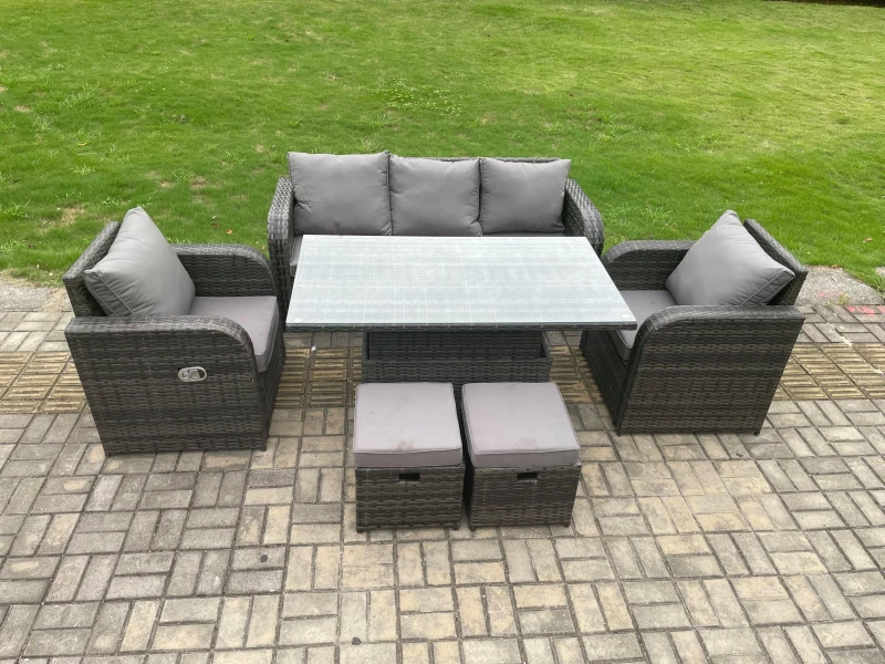 Image of Fimous Rattan Furniture Garden Dining Sets Outdoor Height Adjustable Rising lifting Table and Chair Set With Lounge Sofa 2 Small Footstools Dark Grey