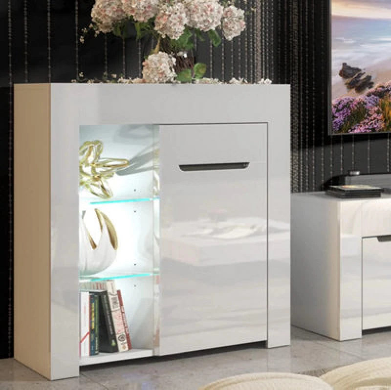 Image of Furneo Matt & High Gloss White Cabinet Cupboard Sideboard Unit Milano 10 White LED Light