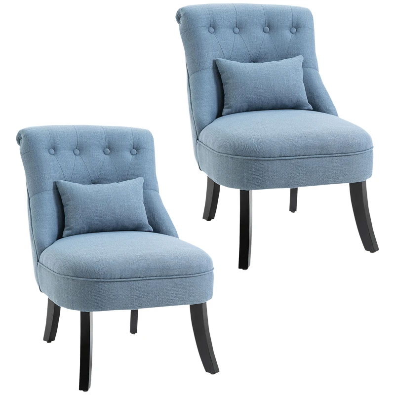 Image of HOMCOM Fabric Single Sofa Dining Chair Tub Chair Upholstered W/ Pillow Solid Wood Leg Home Living Room Furniture Set of 2 Blue