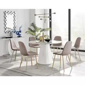 Image of Furniturebox Palma White Marble Effect 120cm Round Minimalist Dining Table & 6 Cappuccino Corona Faux Leather Dining Chairs with Gold Legs Diamond