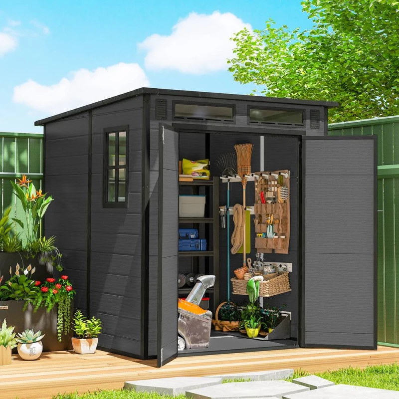 Image of OUTSUNNY 6 x 6ft Plastic Garden Shed with Floor, Lockable Doors in Dark Grey Dark Grey Unisex