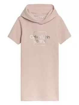 Image of Calvin Klein Jeans Girls Metallic Logo Short Sleeve Hoodie Dress - Pale Rose, Pale Rose, Size 14 Years, Women