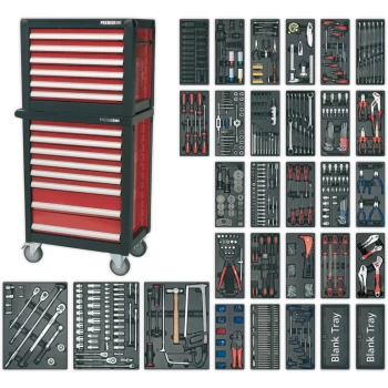 Image of Sealey Premier 14 Drawer Roller Cabinet and Tool Chest + 1233 Piece Tool Kit Black / Red