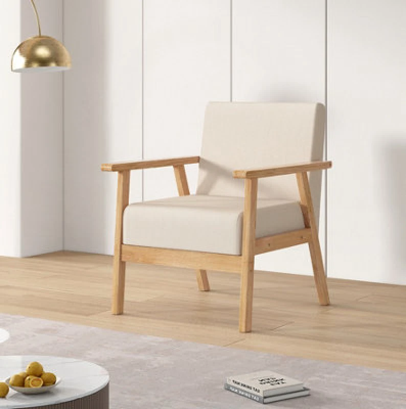 Image of Mcc Direct Single Seater Upholstered Linen Accent Chair Wooden Sofa With Comfortable Padded Seat - Beige