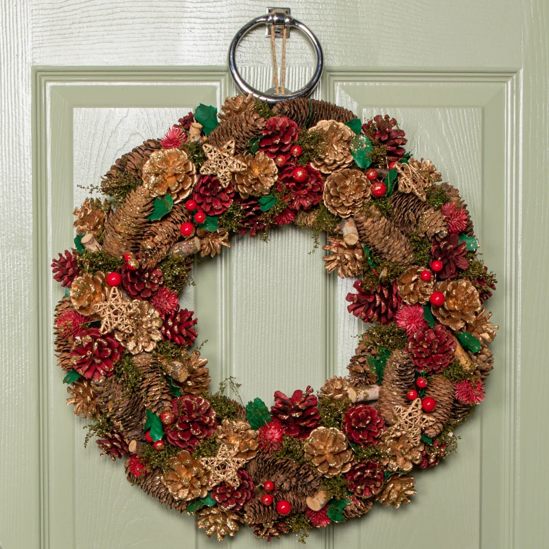 Image of 50cm Red Hanging Christmas Wreath with Red Berries and Pinecones