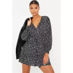 Image of I Saw It First Black Woven Polka Dot Print Tie Waist Shirt Dress - Black