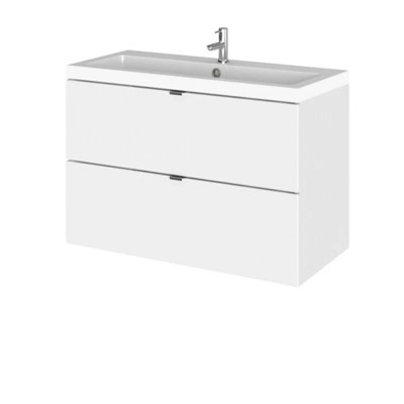 Image of Hudson Reed Fusion Wall Hung 2 Drawer Vanity Unit & Polymarble Basin, Stylish Vanity Unit With Basin, Gloss White, 800mm