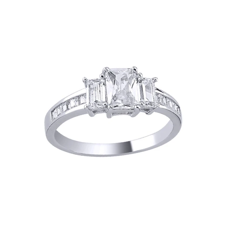 Image of Jewelco London Silver Baguette Emerald-cut CZ Channel Trilogy Engagement Ring - ARN138 Silver