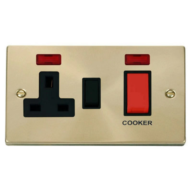 Image of SE Home Satin / Brushed Brass Cooker Control 45A With 13A Switched Plug Socket & 2 Neons Gold