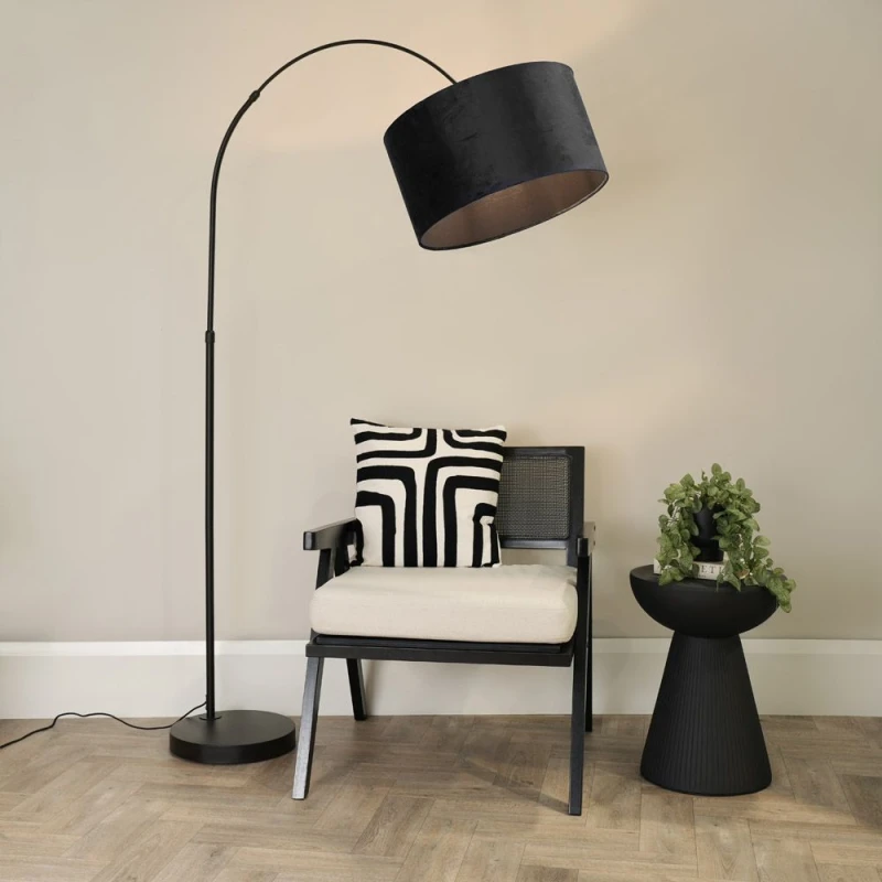 Image of ValueLights Louis Black Arched Curved Floor Lamp with Velvet Drum Lamp Shade and LED Bulb Black