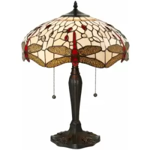 Image of Loops - Tiffany Glass Table Lamp Light Dark Bronze & Cream Red Dragonfly Shade i00188