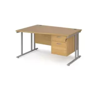Image of Office Desk Left Hand Wave Desk 1400mm With Pedestal Oak Top With Silver Frame Maestro 25 MC14WLP2SO