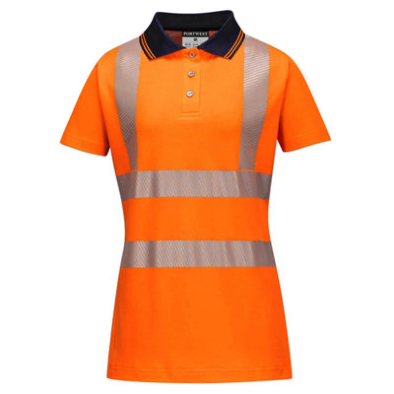 Image of Portwest Hi Vis Womens Cotton Comfort Pro Polo Short Sleeve Shirt LW72OBRXS Colour: Orange / Black