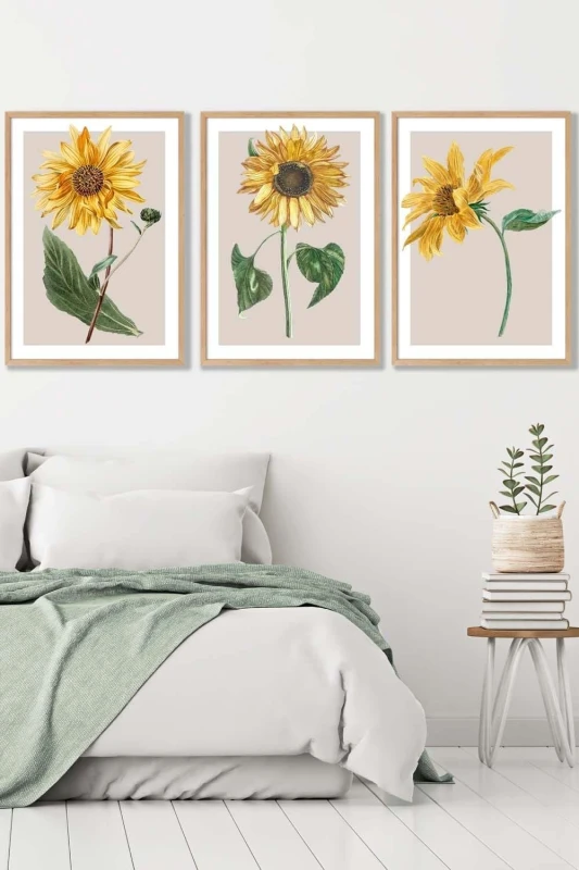 Image of ARTZE Set of 3 Oak Framed Vintage Sunflowers on Beige Wall Art in Bright Yellow Size: W45cm x H62cm x D20mm Bright Yellow Unisex W45cm x H62cm x