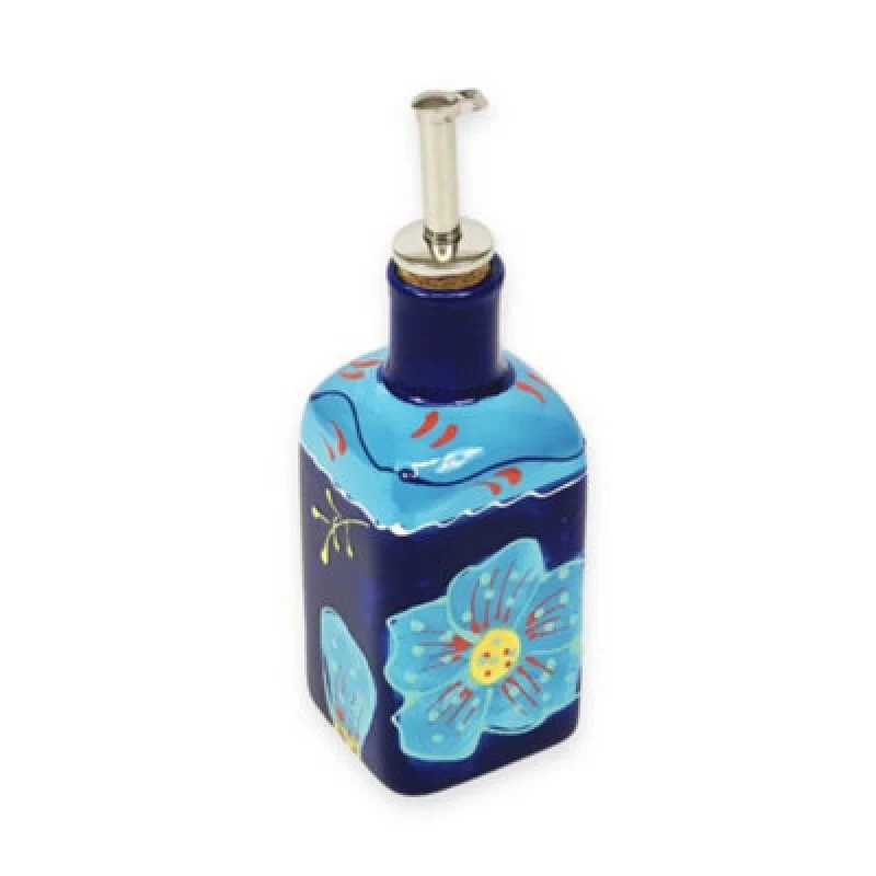 Image of Verano Spanish Ceramics Classic Spanish Hand Painted Kitchen Dining Squared Oil Drizzler 250ml Blue Flower Blue unisex