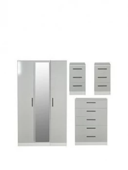 Image of Swift Montreal Gloss Ready Assembled 4 Piece Package - 3 Door Mirrored Wardrobe, 5 Drawer Chest And 2 Bedside Chests