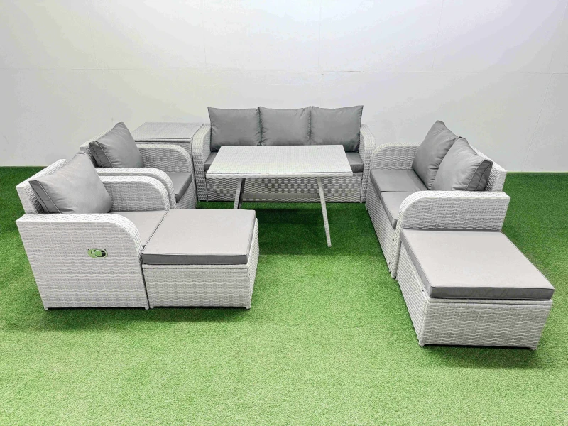 Image of Fimous Outdoor Rectangular Table Sofa Set with Reclining Chair 2 Big Stools in Light Grey Light Grey Unisex